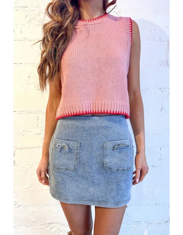 Front Pocket Bow Denim Skirt