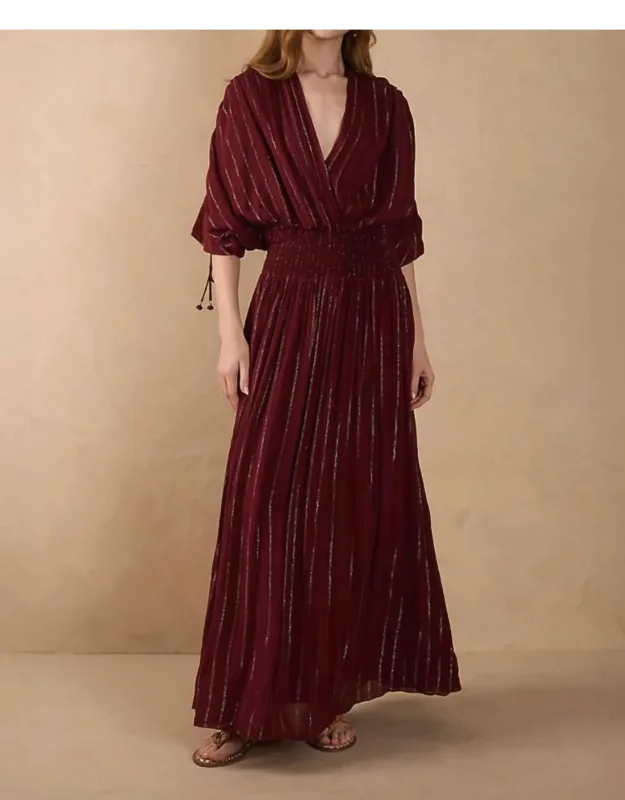 Tamia Long Lurex Dress With Smocked Yoke In Wine