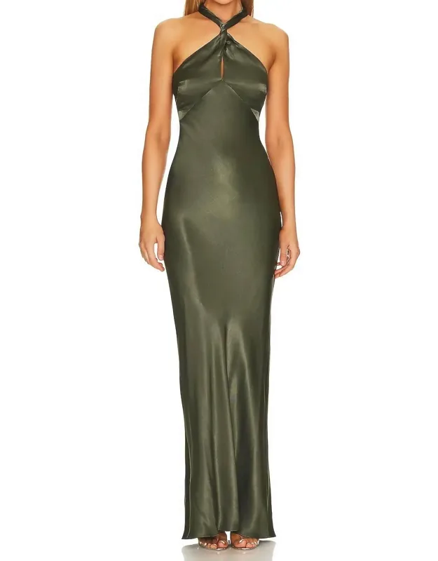 La Lune High Neck Twist Maxi Dress In Forest