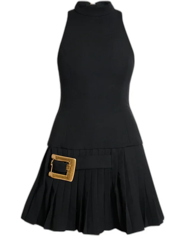 Belted Pleated Halter Mini Dress