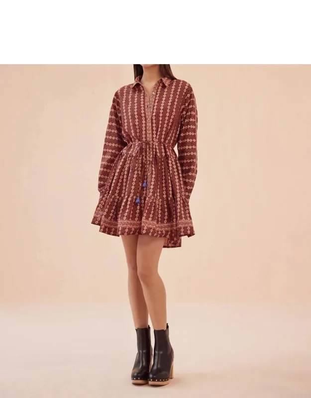 Tula Mini Dress In Aara Espresso, Button Closure, Collar Neckline