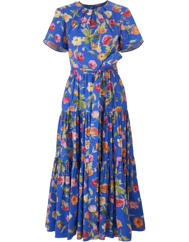 Poppy-print Tiered Midi Dress With Sash