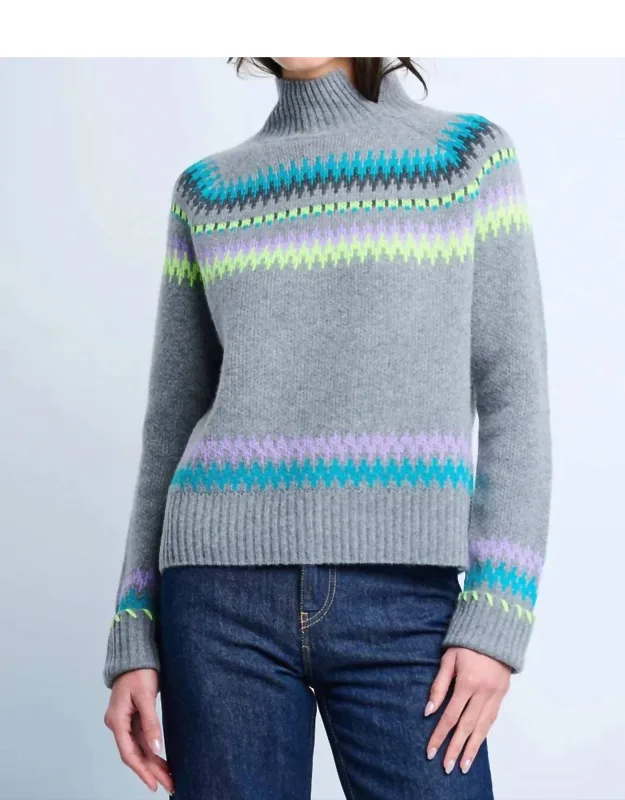 Fireside Sweater With Fair Isle Intarsia Pattern And High Split Ribbed Cowlneck