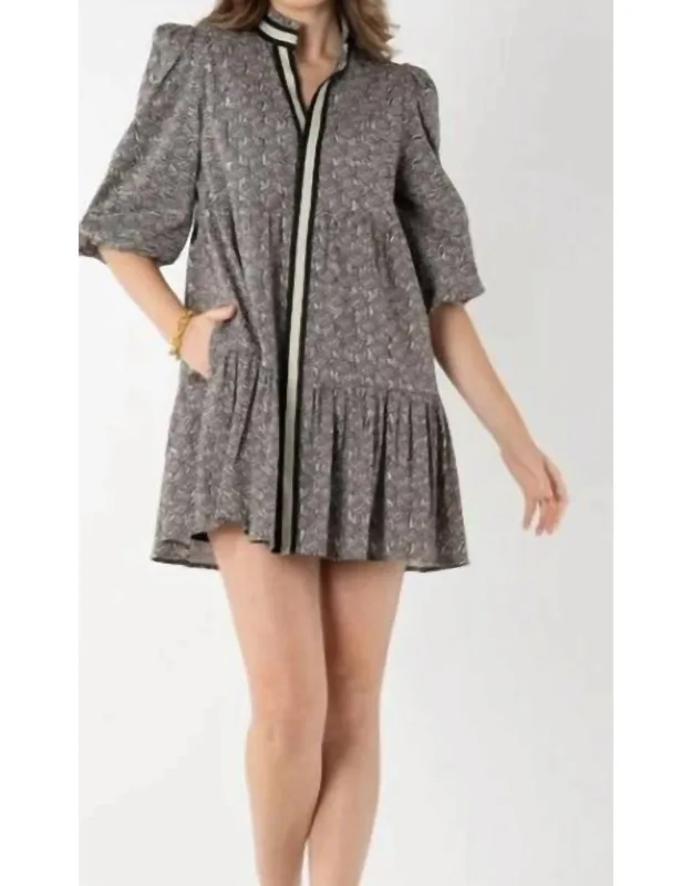 Sadie Dress In Monogram With Mandarin-style Collar And Gold Buttons