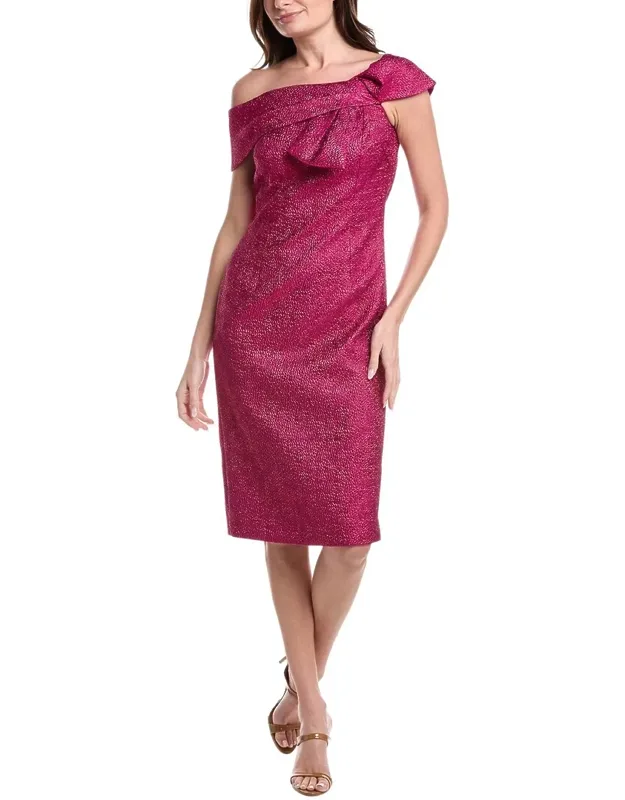 Pebble Jacquard Asymmetrical Bow Shoulder Dress