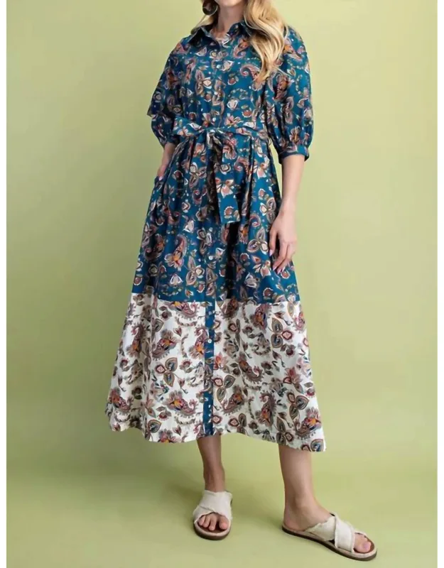 Paisley Print Color Block Shirt Dress
