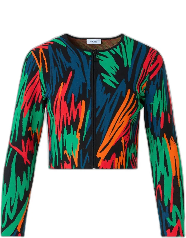 Scribble Jacquard Knit Zip Cardigan