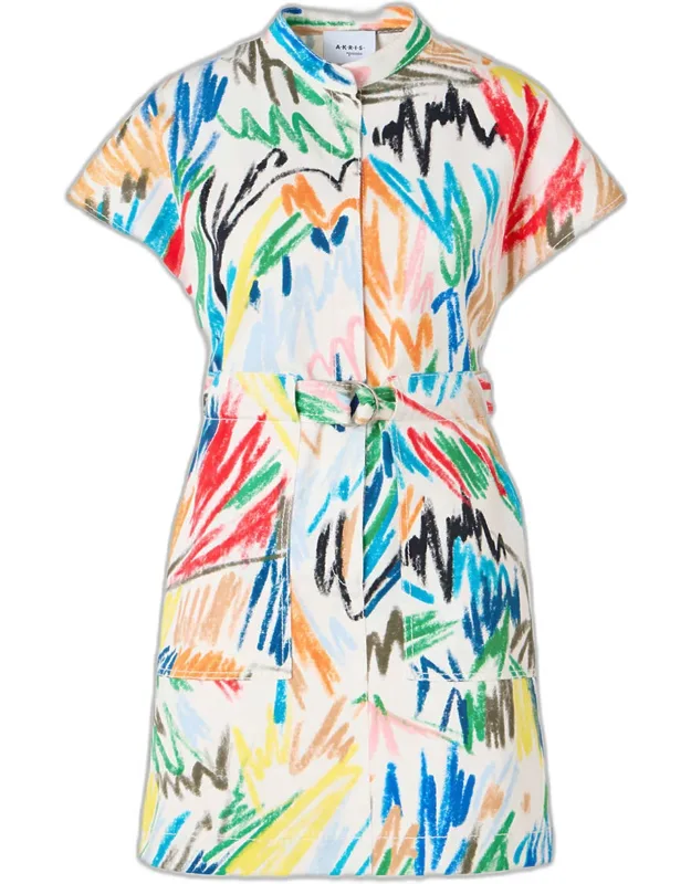 Scribble Denim Cap-sleeve Belted Mini Shirtdress