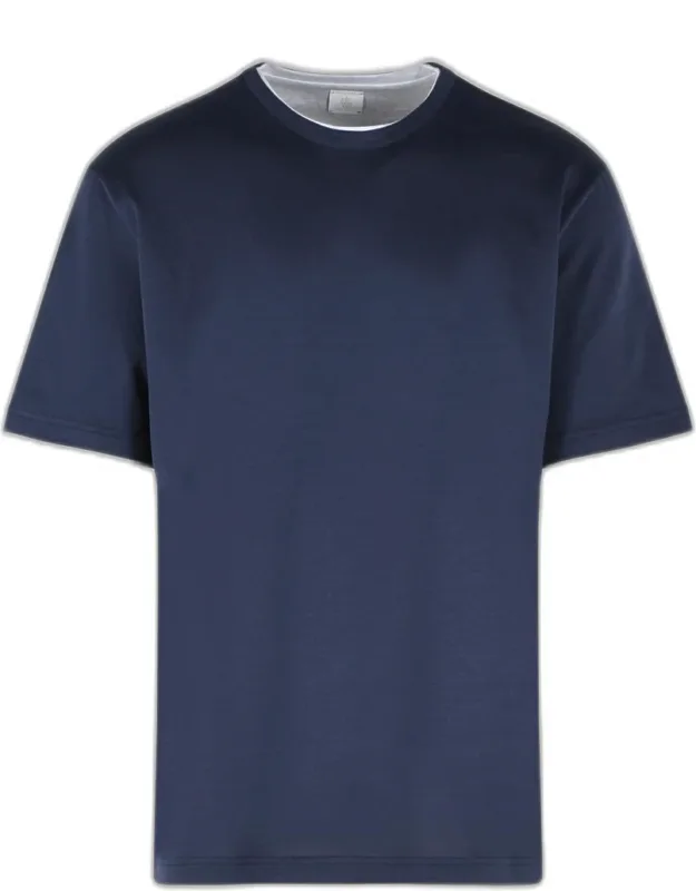 Blue Cotton T-shirt With Double Layer Effect And Ribbed Crew Neck