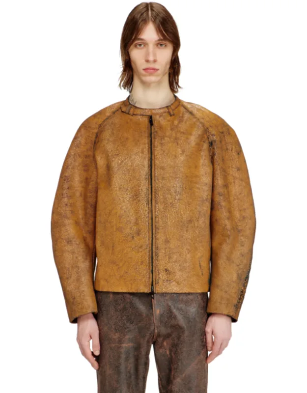 Cocoon-sleeve Biker Jacket In Cracked Leather