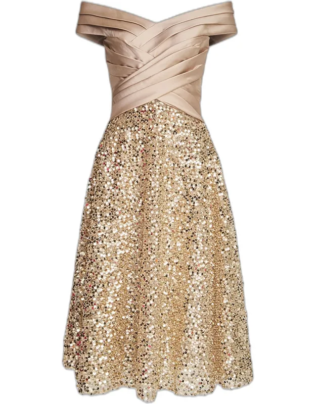 Off-shoulder Pleated Sequin Midi Dress