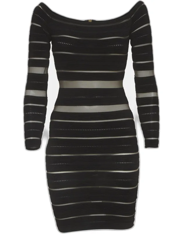 Sheer Striped Off-shoulder Mini Dress