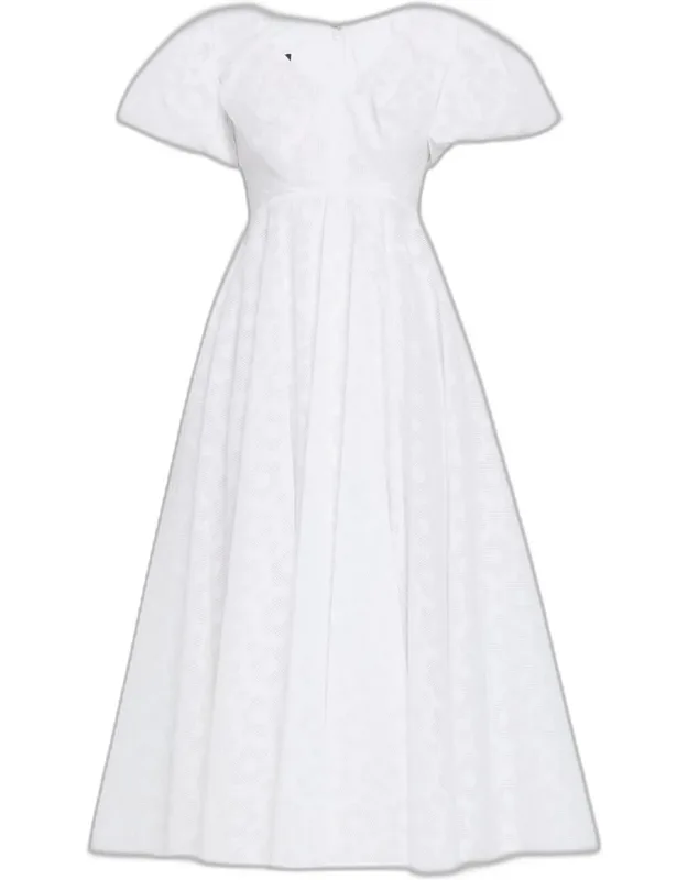 Flower Organdi Puff-sleeve Midi Dress