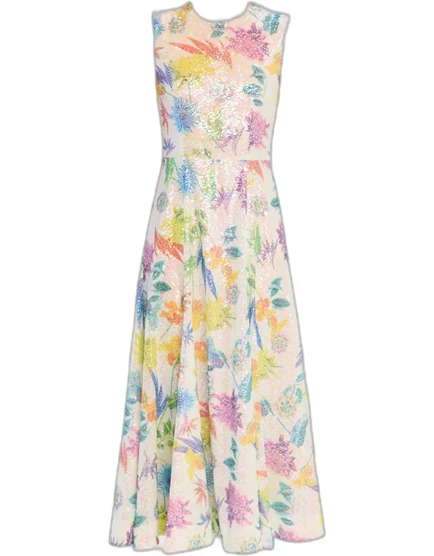 Sleeveless Floral Sequin Midi Dress