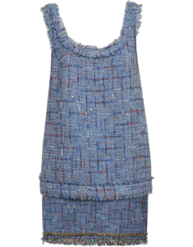 Tweed And Denim Sleeveless Top & Mini Skirt Suit