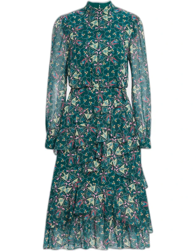 Mock-neck Floral-print Silk Midi Dress