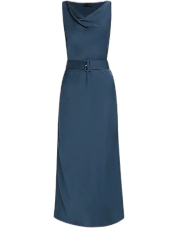 Cowl-neck Belted Satin Midi Dress