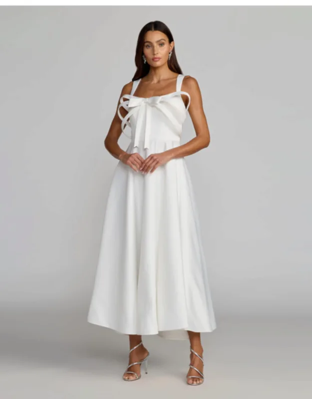 Satin Sleeveless A-line Midi Dress With Bow