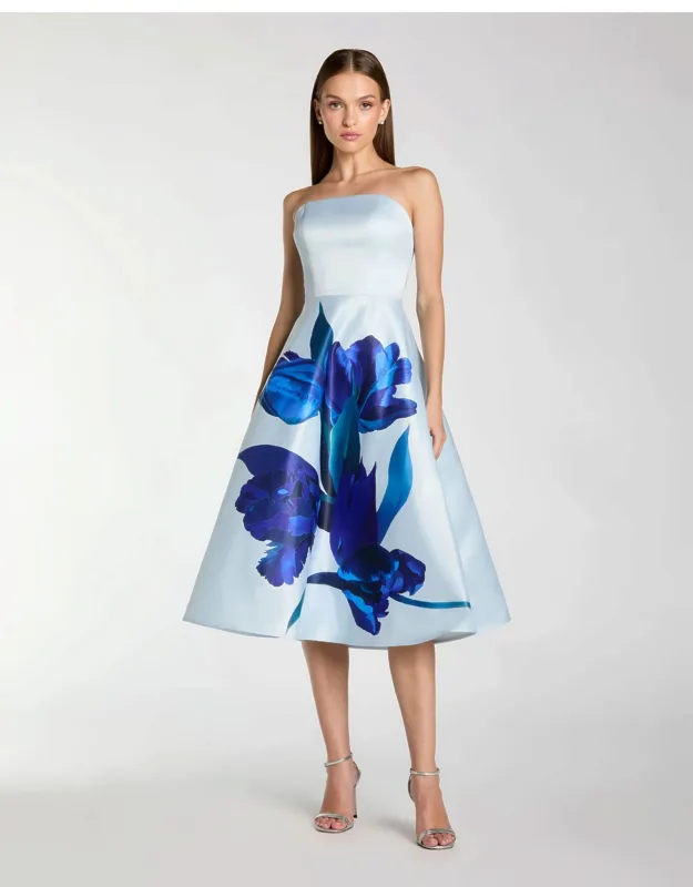 Strapless Satin Midi Dress With Flower Print