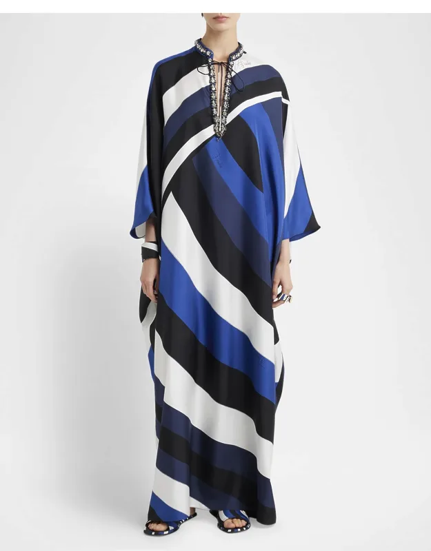 Iride-print Crystal Neck-tie Silk Twill Maxi Kaftan Dress