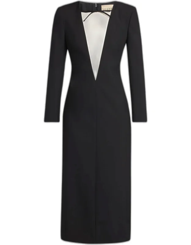 Bow Colorblock Long-sleeve Midi Dress