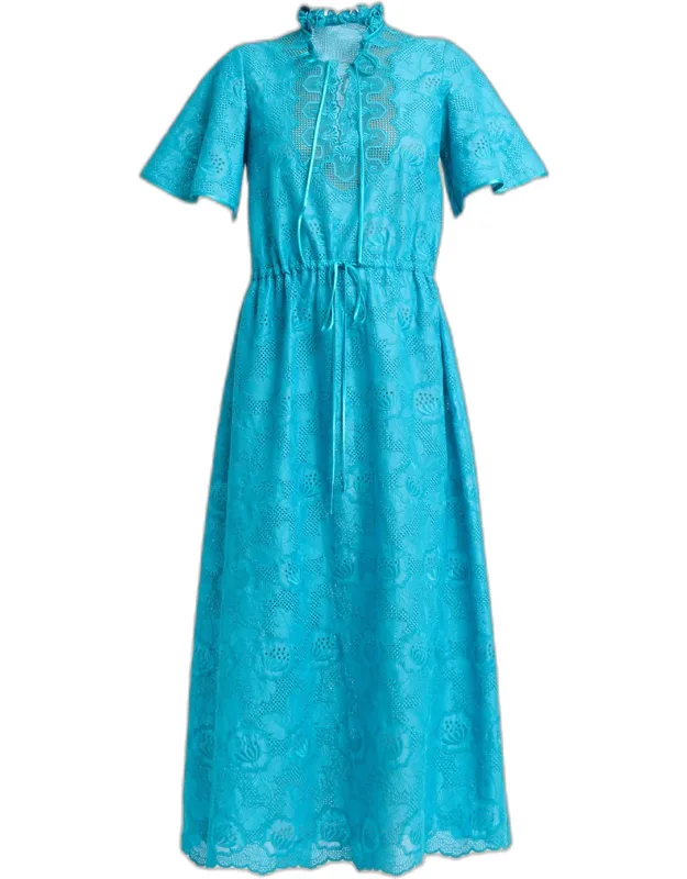 Eyelet Embroidered Cotton Drawstring Midi Dress