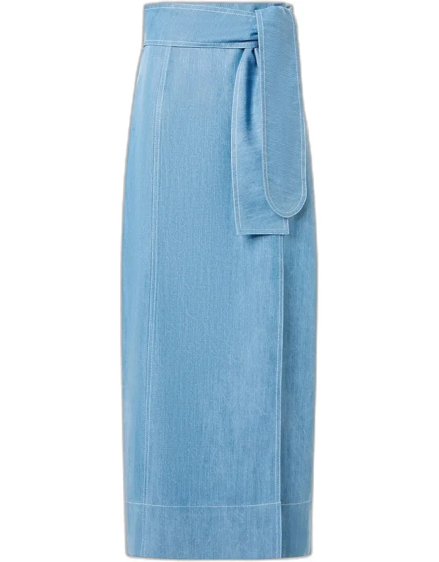 Side-slit Belted Denim Midi Pencil Skirt