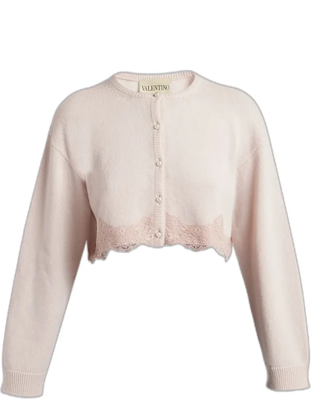 Lace-trim Crop Crewneck Cardigan