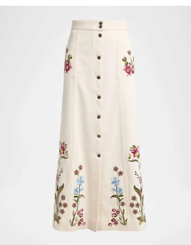 Floral Embroidered Denim Button-front Maxi Skirt