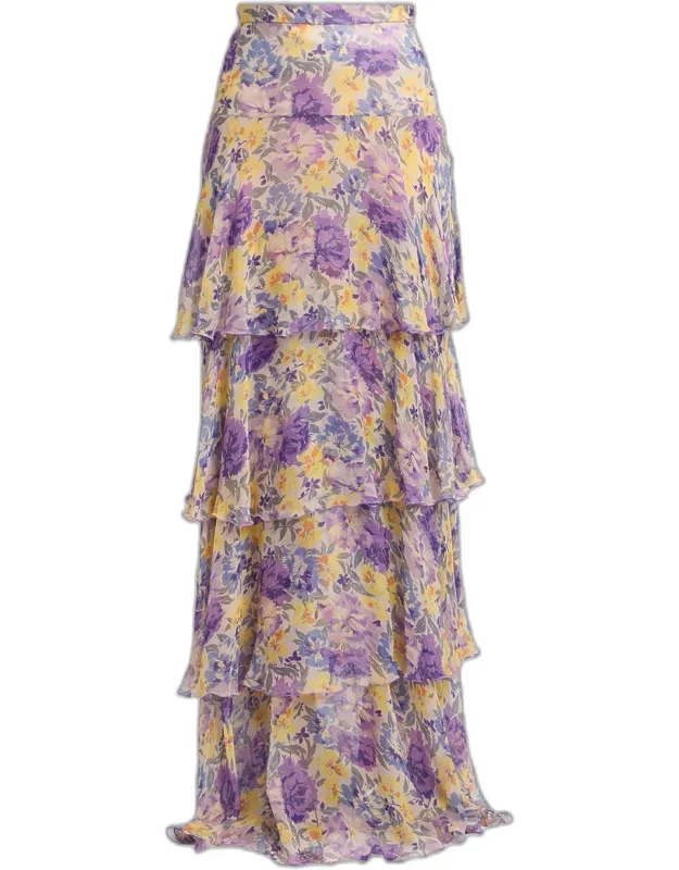 Tiered Floral Silk Chiffon Maxi Skirt