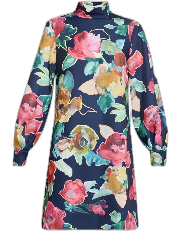 Floral Crepe Long-sleeve Shift Dress