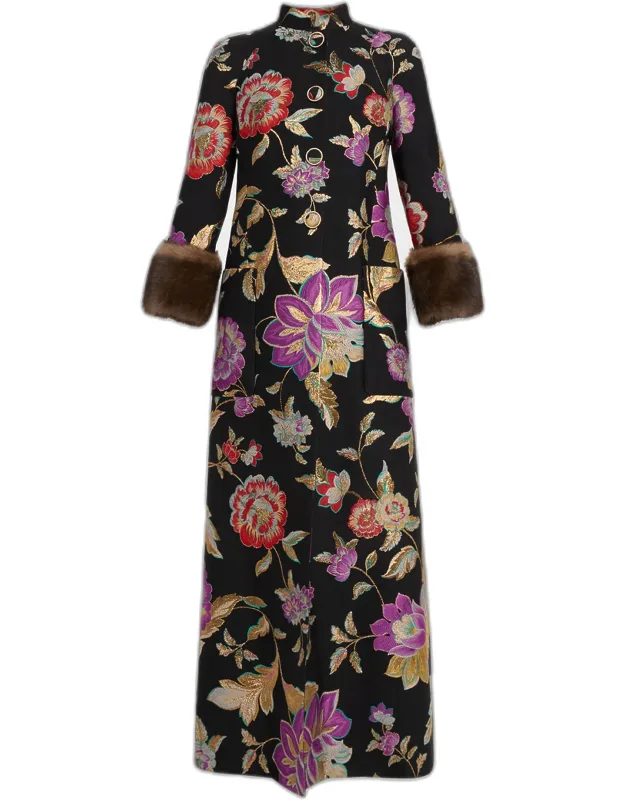 Sheep Shearling-cuffs Metallic Floral Jacquard Long Coat