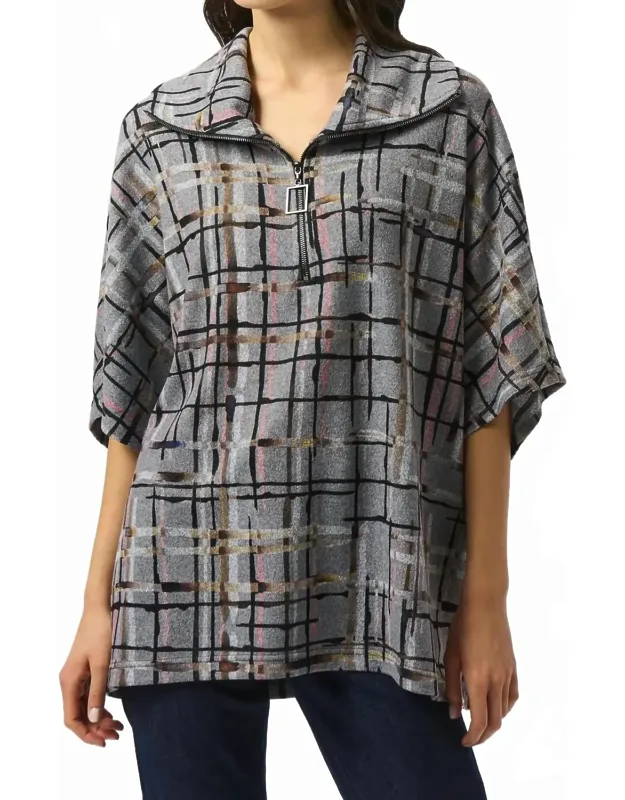 Plaid Print Zipped Collar Sweater