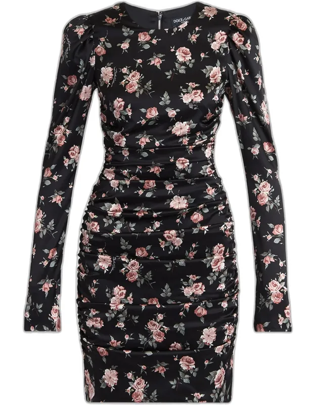 Rose Bouquets-print Long Satin Dress