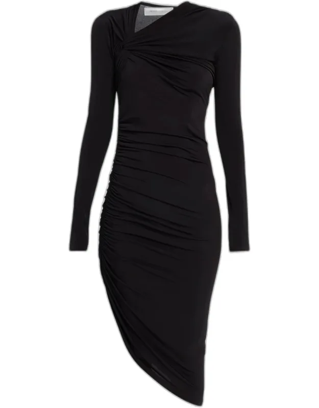 Asymmetric Twisted Shoulder Midi Dress
