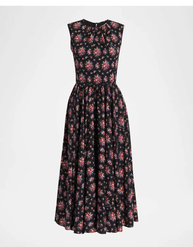Rose Bouquets-print Sleeveless Midi Dress