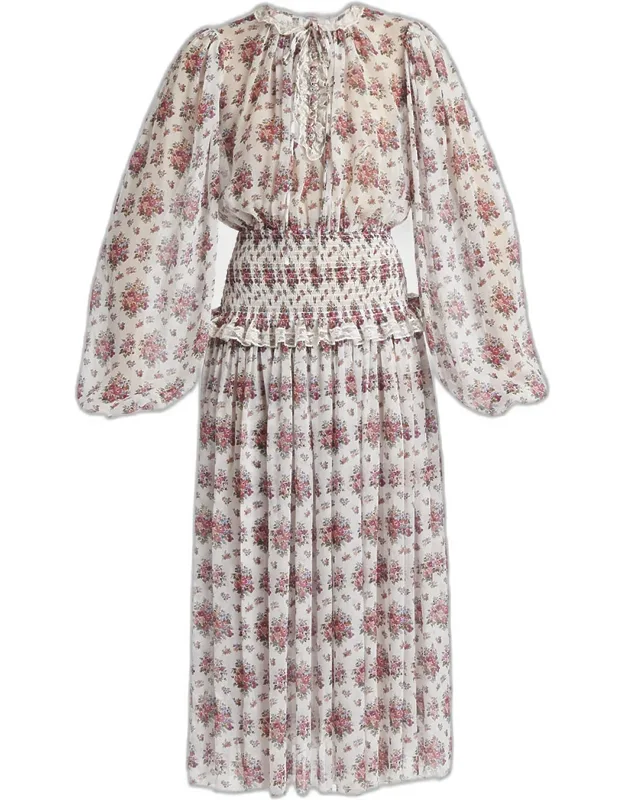 Floral-print Shirred Chiffon Long-sleeve Midi Dress