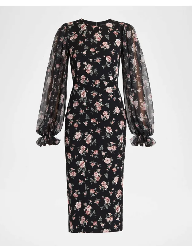 Vintage Roses-print Charmeuse Midi Dress