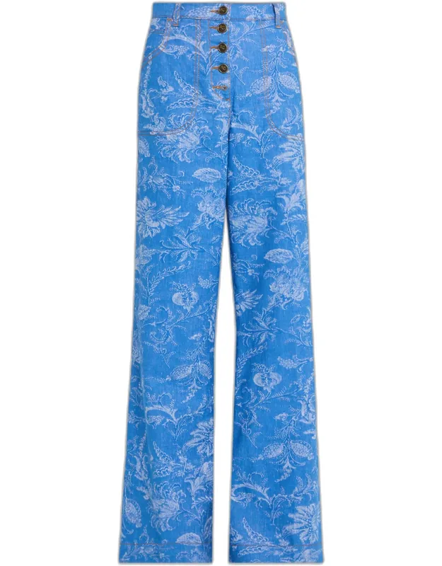 Floral Denim Jacquard Button-front Flare Jeans