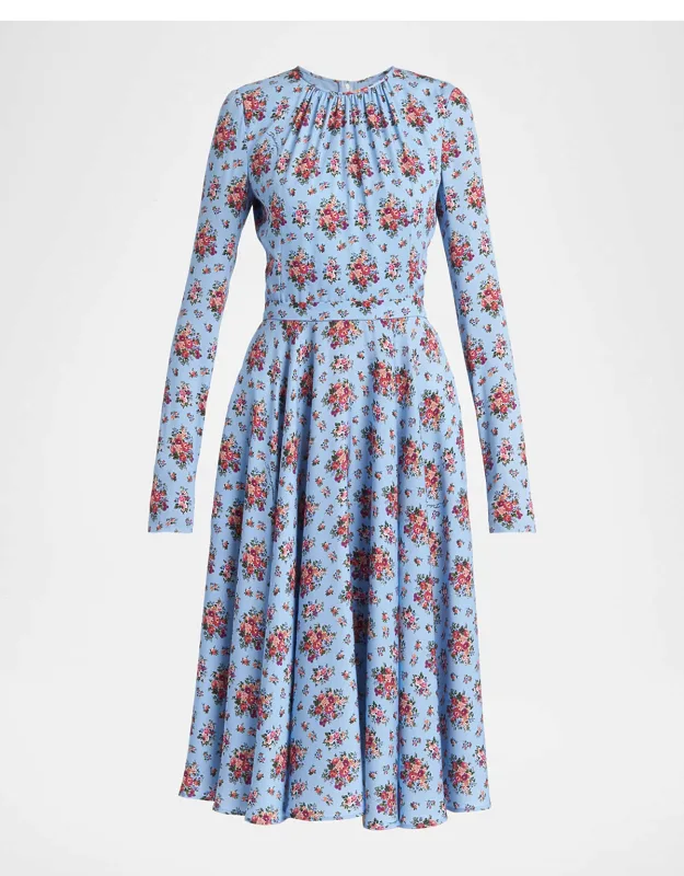 Floral Silk Long-sleeve Midi Dress