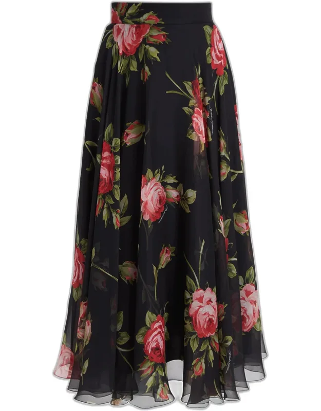 Rose-print Overlay Midi Silk Skirt