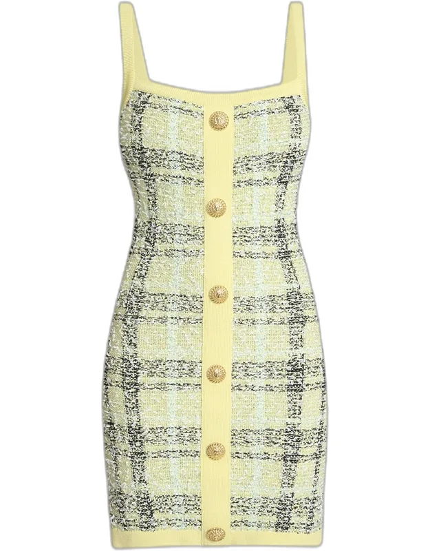 Buttoned Paillette Check Knit Mini Dress
