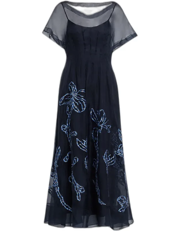 Ikat Floral Embroidered Organza Midi Dress