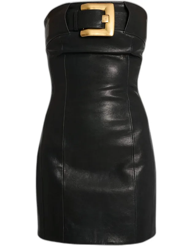Belted Strapless Leather Mini Bustier Dress