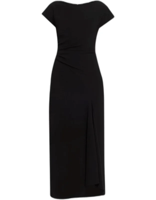 Fluid Crepe Cascading Godet Midi Dress