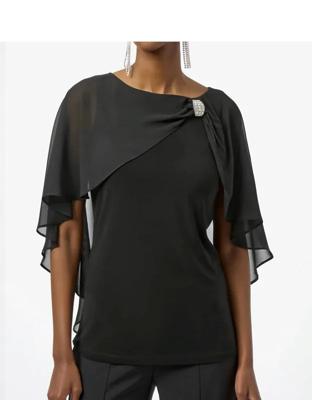 Rhinestone Brooch Chiffon Cape Overlay Top