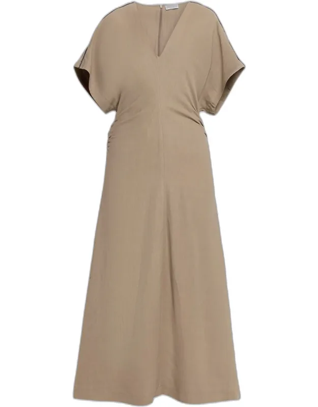 Monili-trim Fluid Linen Twill Midi Dress