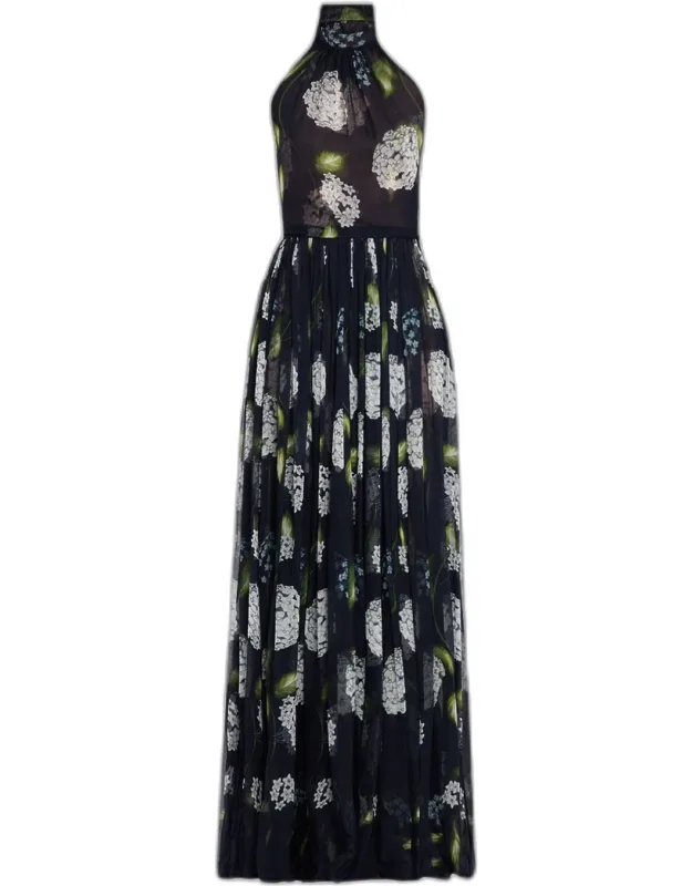 Porcelain Flower Chiffon Halter Maxi Dress