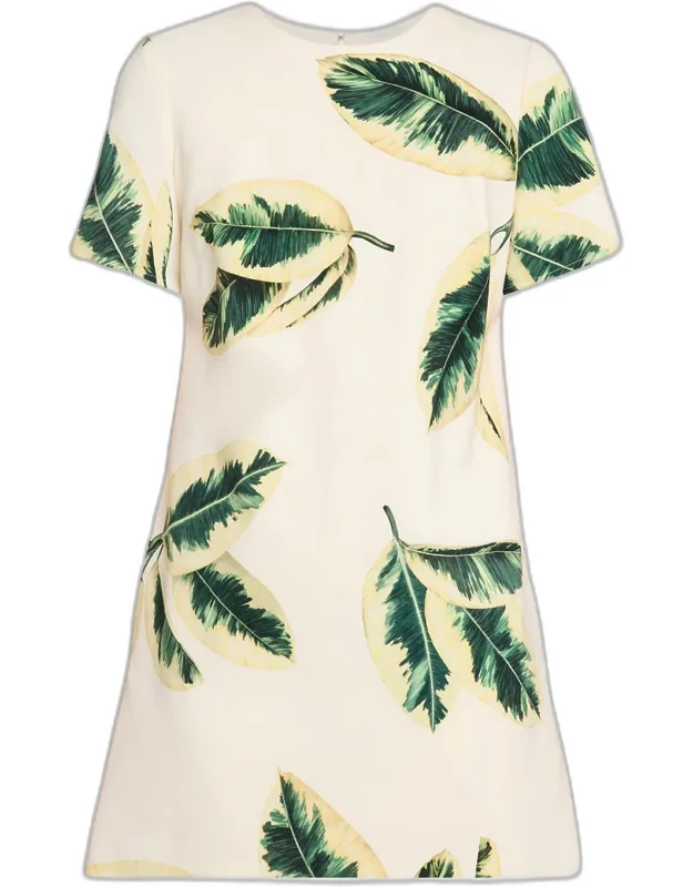 Ficus Leaves-print Mini Shift Dress