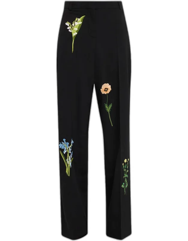Dropped-waist Floral Embroidered Straight-leg Trousers
